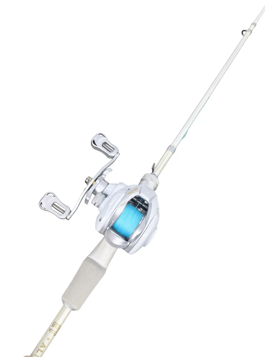Sleek White Combo carbon telescopic rod and ET200 baitcasting reel — white background